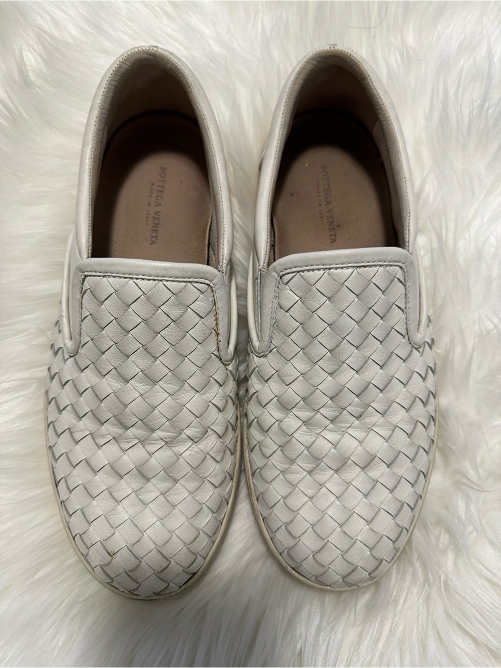 Bottega Veneta Off-White Unisex Intrecciato Leather Slip-Ons